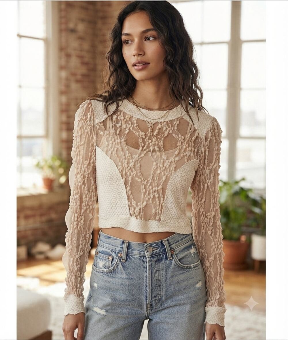 Free People Intimately Sheer Mesh Long Sleeve Crop Top Beige Textured Boho S